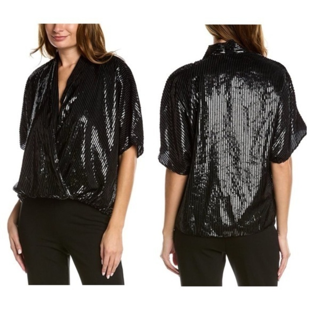 Trina Turk Concourse Black Metallic Tinsel Dolman Sleeve Surplice Top XS/S